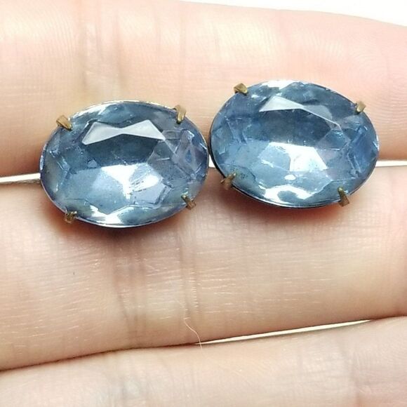 Vintage Blue Oval Rhinestone Clip On Earrings, Screw Backs, Retro Sparkle Estate - Picture 3 of 5